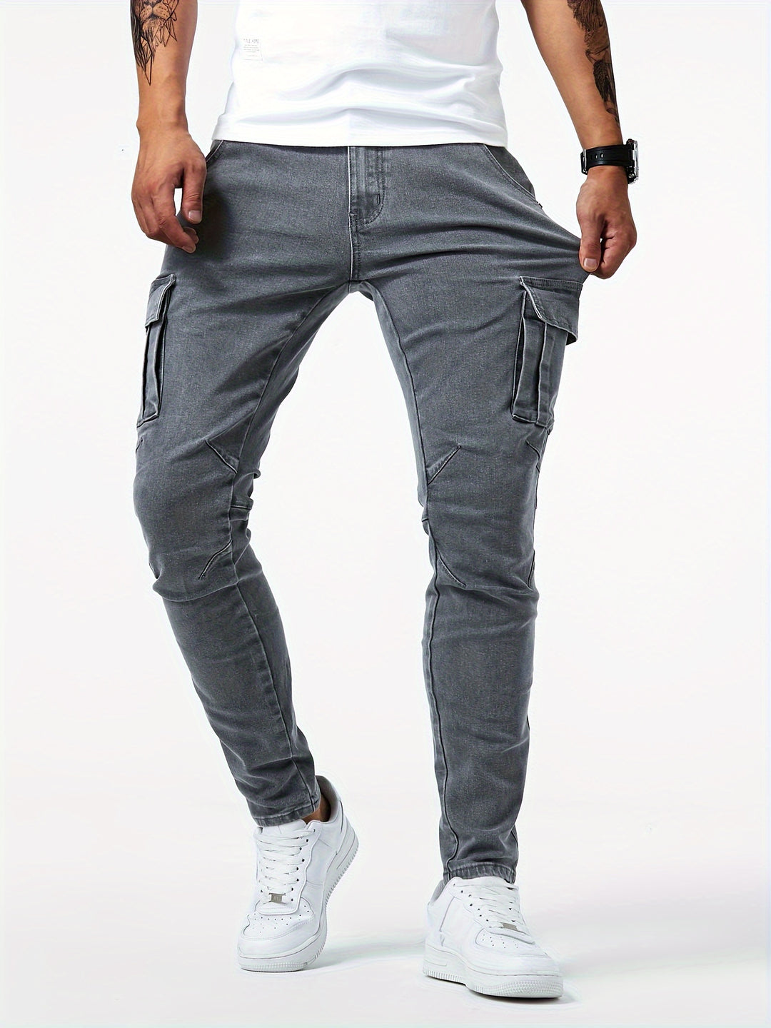 Spodnie cargo męskie jeansowe slim fit ze stretchem, z wieloma kieszeniami - zdjęcie 5