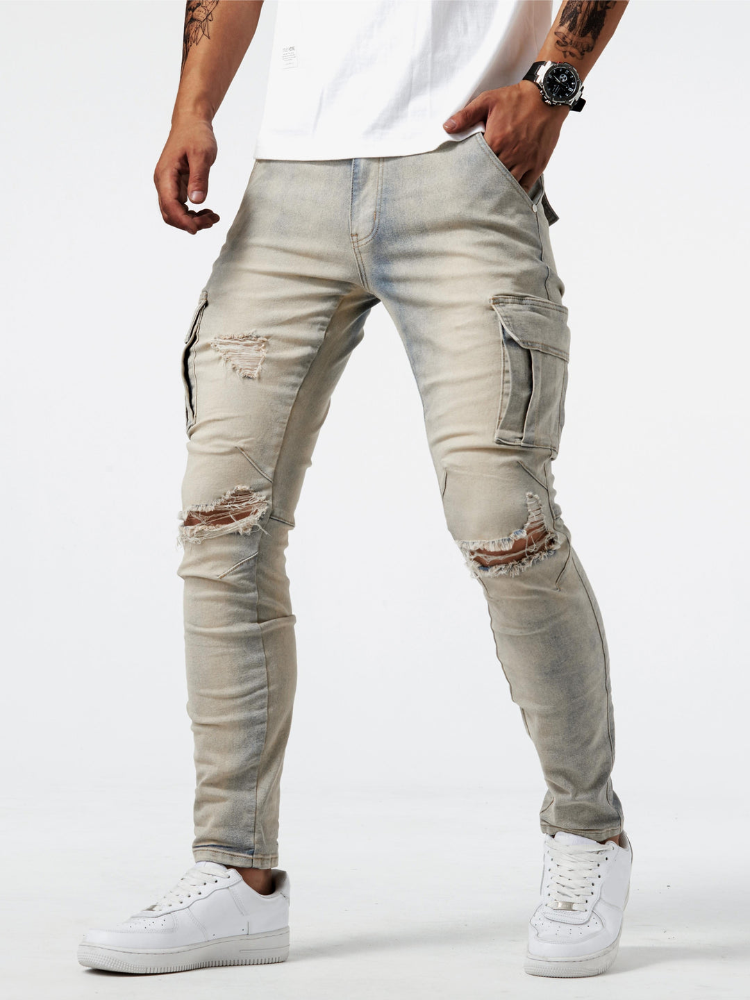 Spodnie cargo męskie jeansowe slim fit ze stretchem, z wieloma kieszeniami - zdjęcie 6