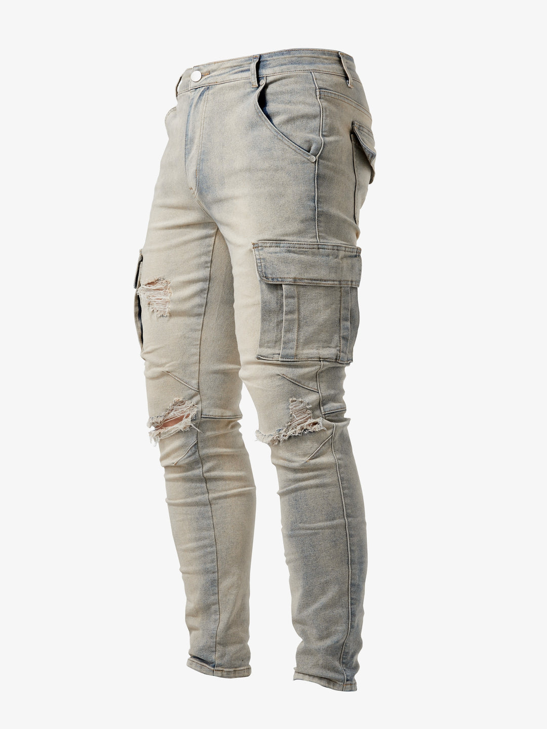 Spodnie cargo męskie jeansowe slim fit ze stretchem, z wieloma kieszeniami - Khaki
