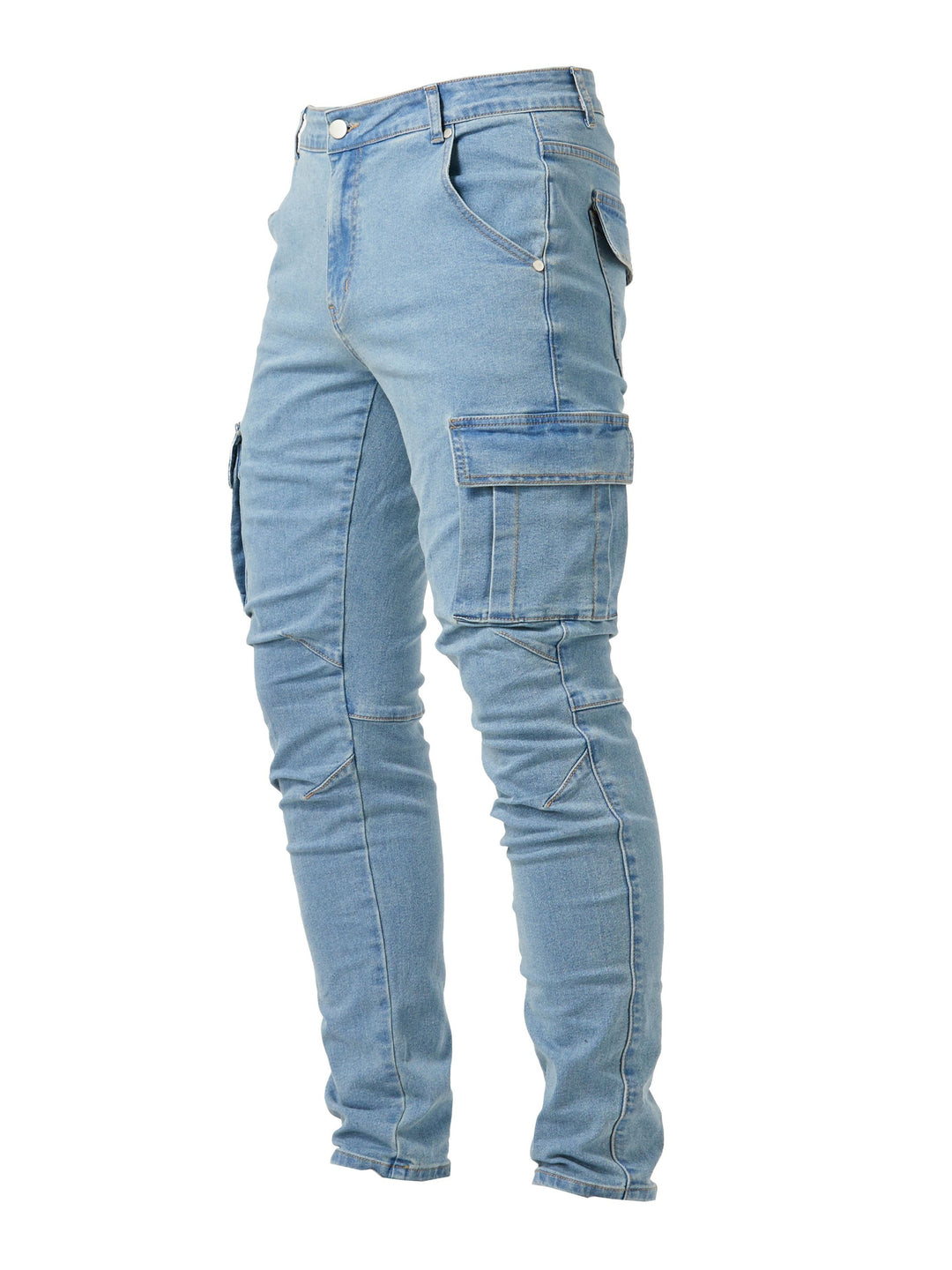 Spodnie cargo męskie jeansowe slim fit ze stretchem, z wieloma kieszeniami - Niebieski