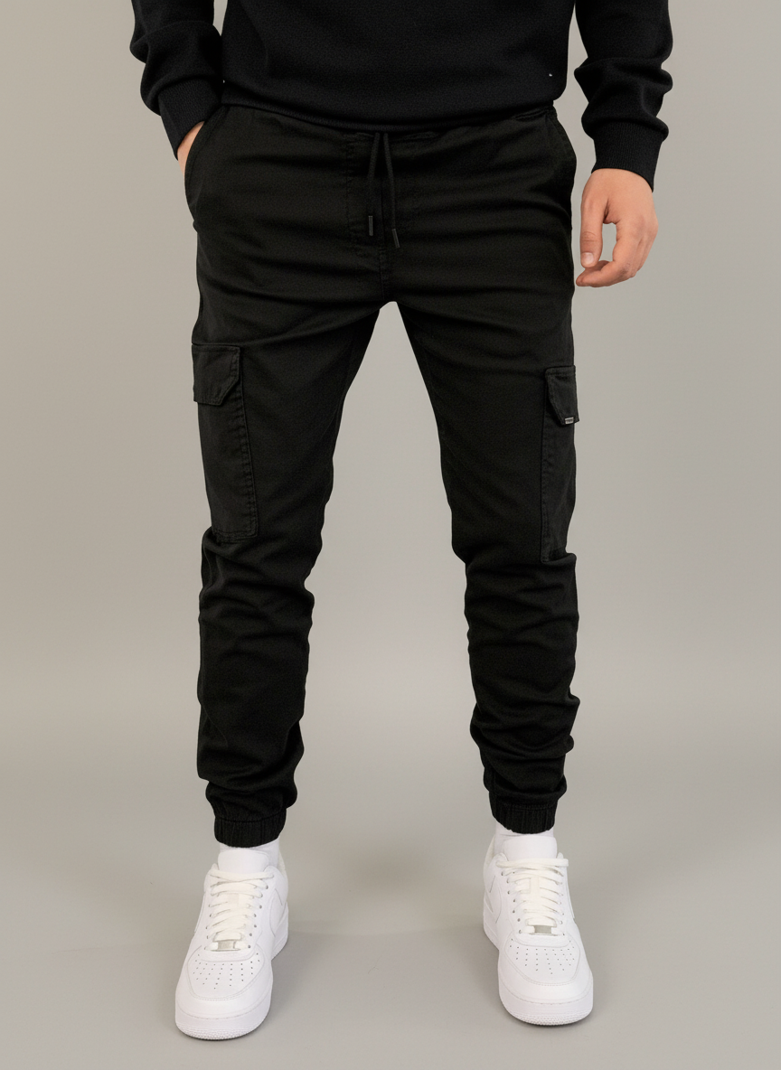 Spodnie cargo męskie typu jogger ze ściągaczami, slim fit z kieszeniami - Czarny