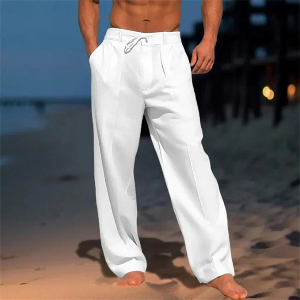 Spodnie lniane męskie eleganckie, luźne na lato, na plażę i na wesele - Biały