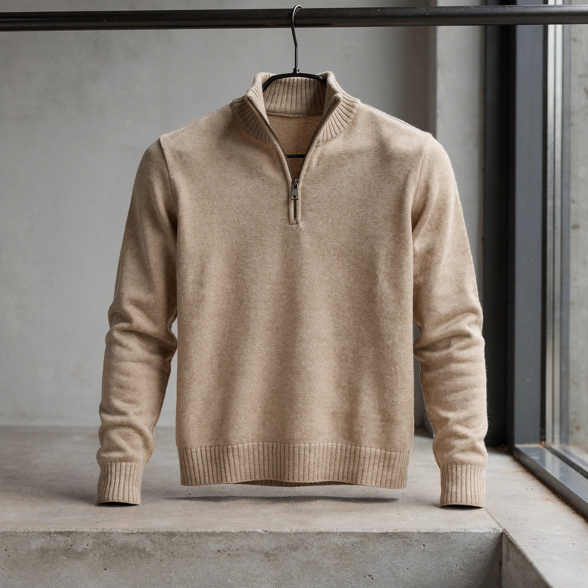 Sweter z zamkiem męski luźny ze stójką, na co dzień i do biura – Bezowy