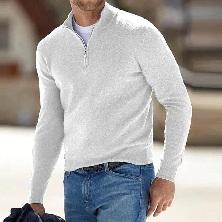 Sweter kaszmirowy męski na zamek ze stójką, elegancki i ciepły na zimę - Biały