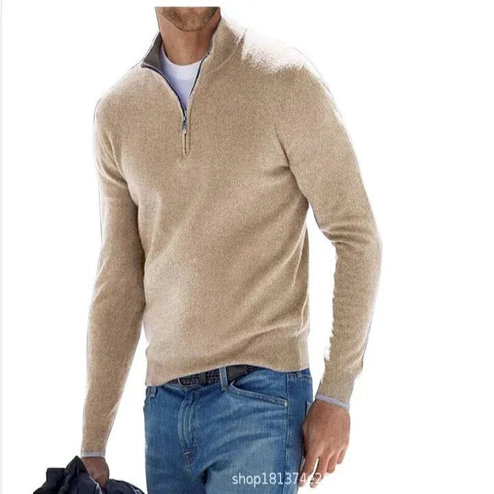 Sweter kaszmirowy męski na zamek ze stójką, elegancki i ciepły na zimę - Khaki