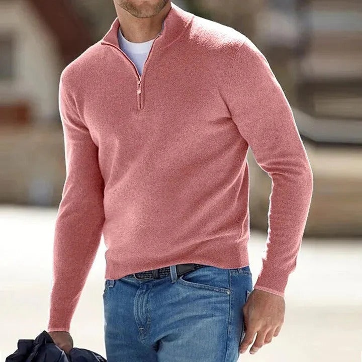 Sweter kaszmirowy męski na zamek ze stójką, elegancki i ciepły na zimę - Różowy