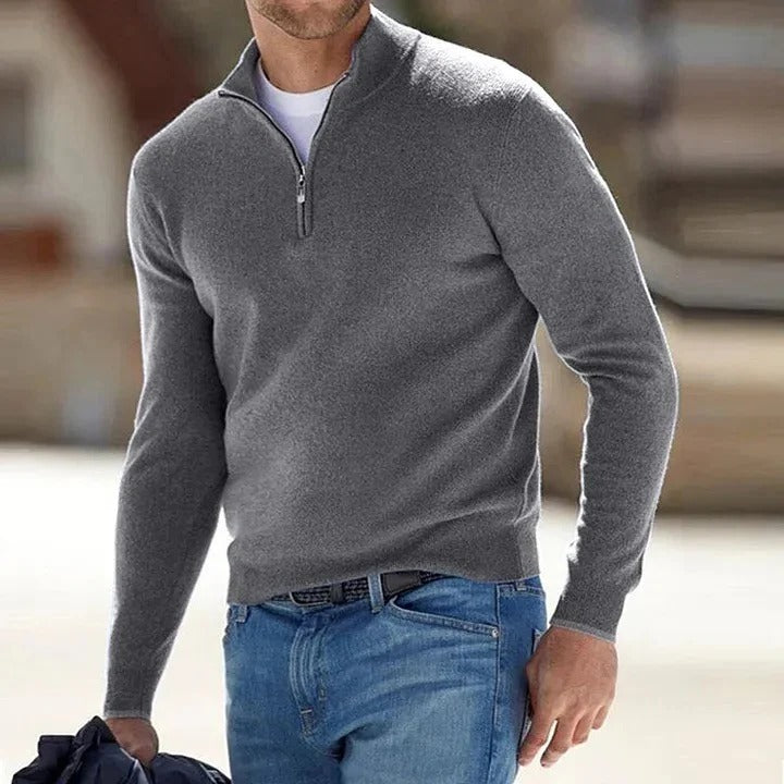 Sweter kaszmirowy męski na zamek ze stójką, elegancki i ciepły na zimę - Szary