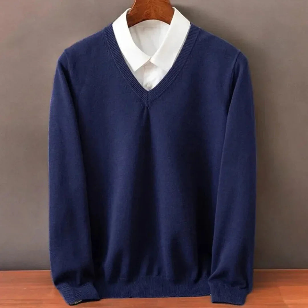 Sweter kaszmirowy męski w serek, elegancki do koszuli i na co dzień - Granatowy