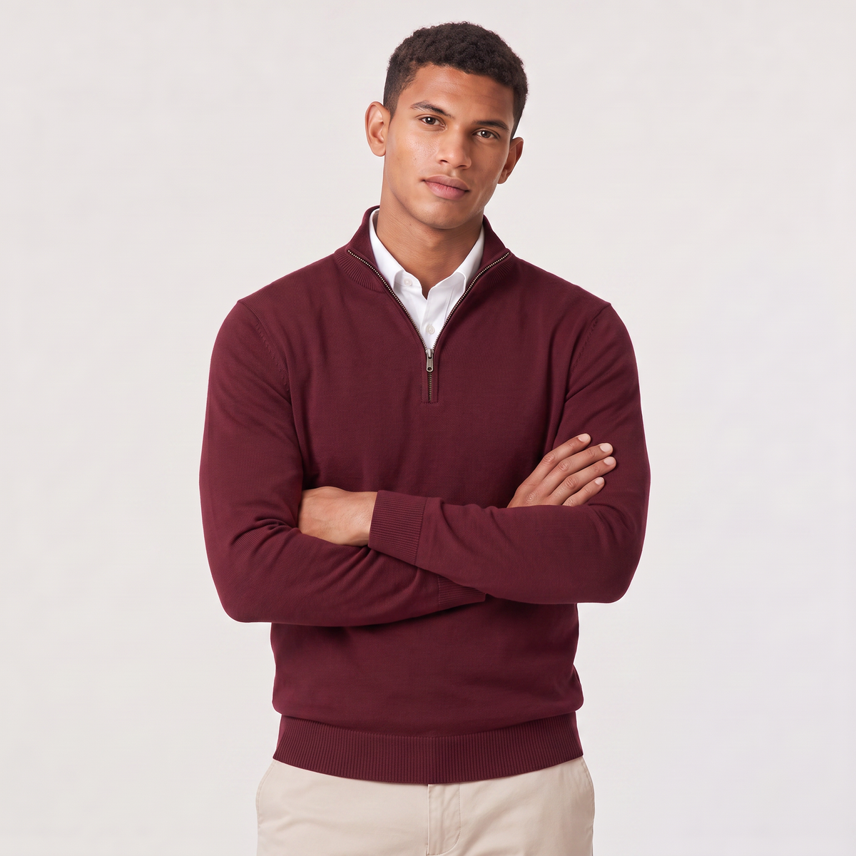 Sweter męski dzianinowy na zamek ze stójką, elegancki do koszuli i pod marynarkę - Bordowy