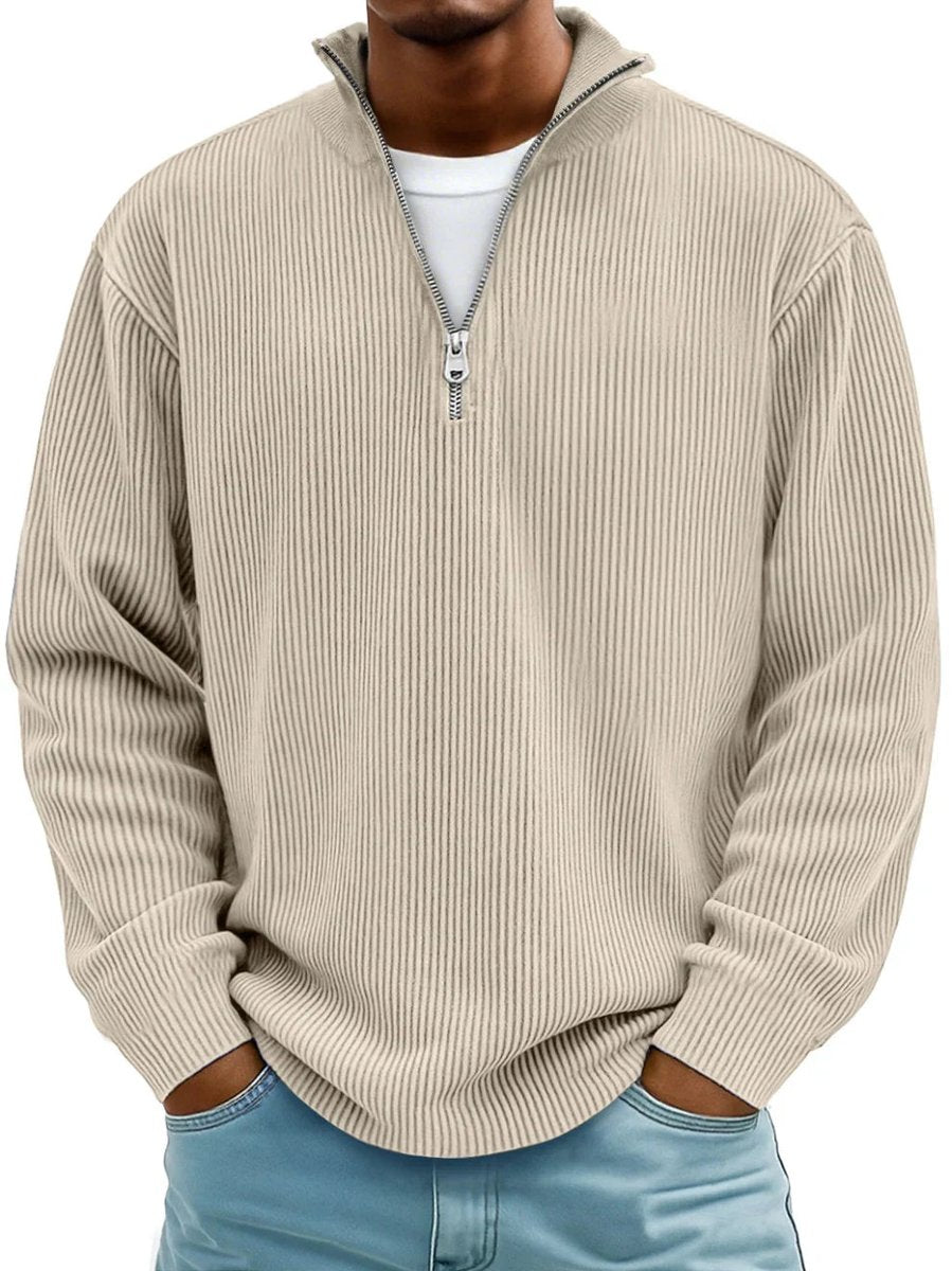 Sweter męski dzianinowy ze stójką i suwakiem, półgolf na co dzień - Khaki