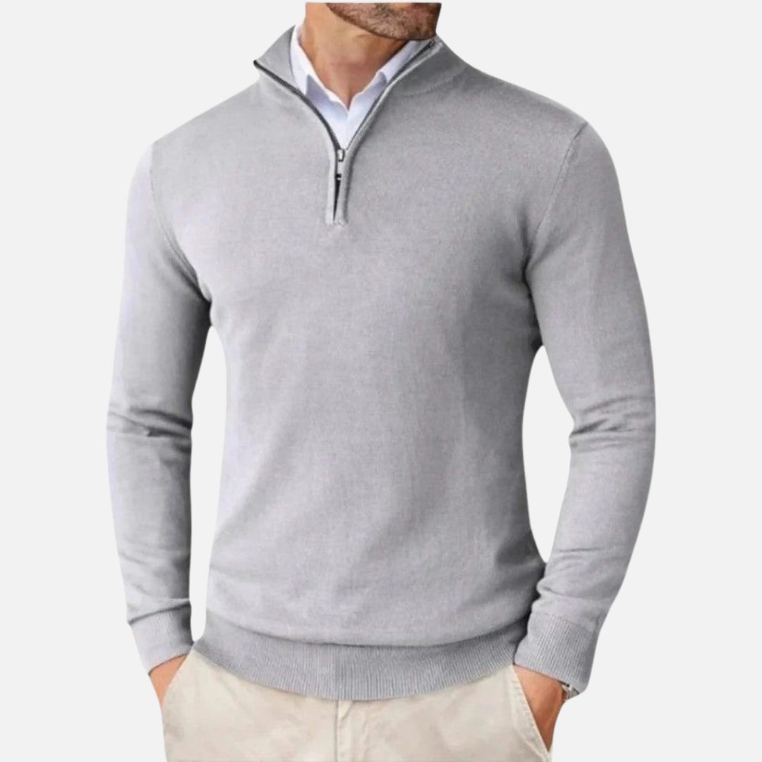 Sweter męski kaszmirowy z suwakiem, elegancki półgolf ze stójką na zimę - Jasnoszary