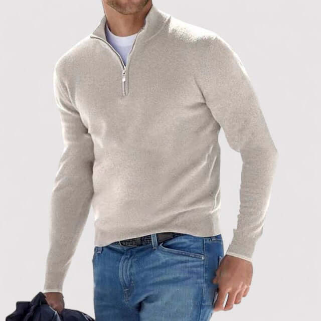 Sweter męski na zamek ze stójką, elegancki, dopasowany krój, do koszuli - Beżowy