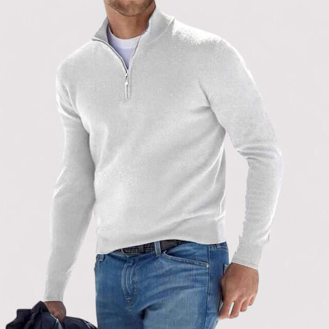Sweter męski na zamek ze stójką, elegancki, dopasowany krój, do koszuli - Biały