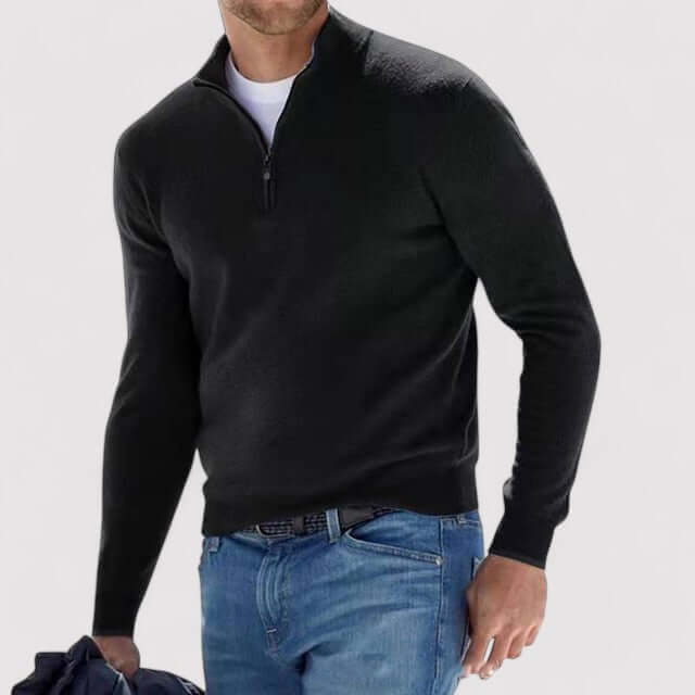 Sweter męski na zamek ze stójką, elegancki, dopasowany krój, do koszuli - Czarny