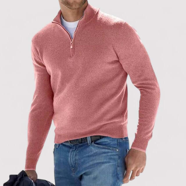 Sweter męski na zamek ze stójką, elegancki, dopasowany krój, do koszuli - Różowy