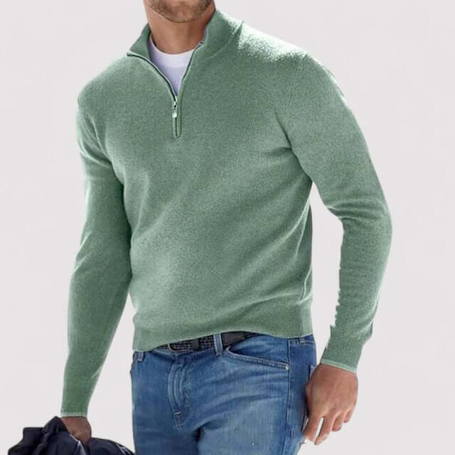 Sweter męski na zamek ze stójką, elegancki, dopasowany krój, do koszuli - Zielony