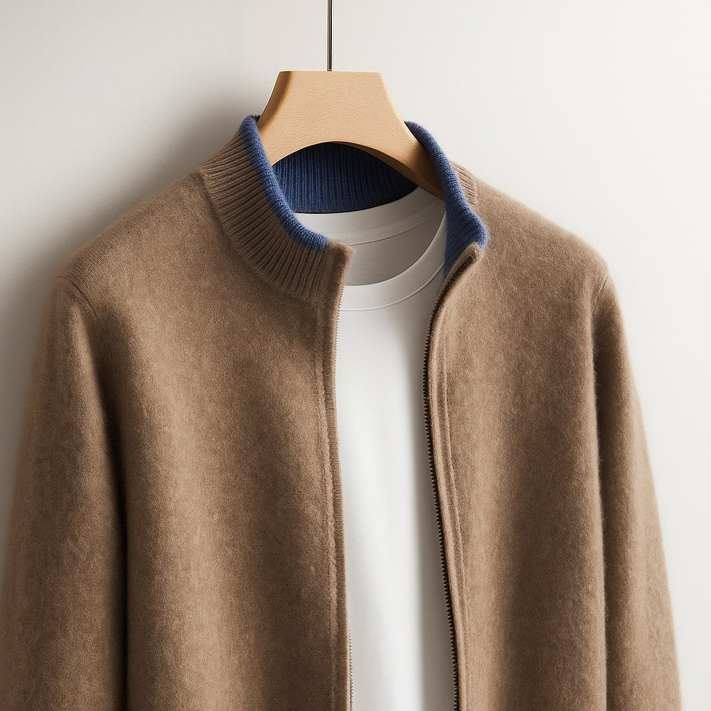 Sweter męski rozpinany na zamek z wełny merino, ze stójką - elegancki, ciepły - zdjęcie 4
