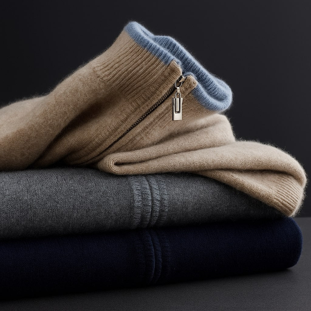 Sweter męski rozpinany na zamek z wełny merino, ze stójką - elegancki, ciepły - zdjęcie 5