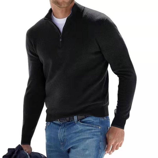 Sweter męski wełniany z zamkiem i stójką, elegancki na co dzień - półgolf na zimę - Czarny
