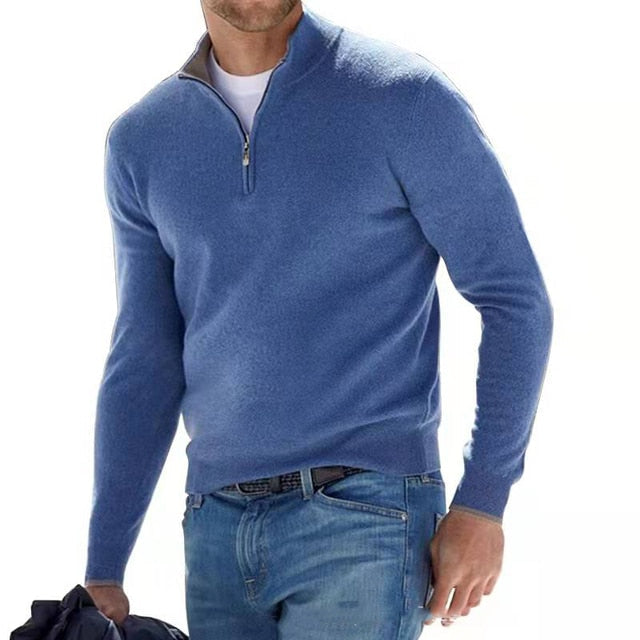 Sweter męski wełniany z zamkiem i stójką, elegancki na co dzień - półgolf na zimę - Niebieski
