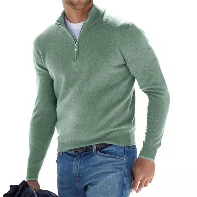 Sweter męski wełniany z zamkiem i stójką, elegancki na co dzień - półgolf na zimę - Zielony