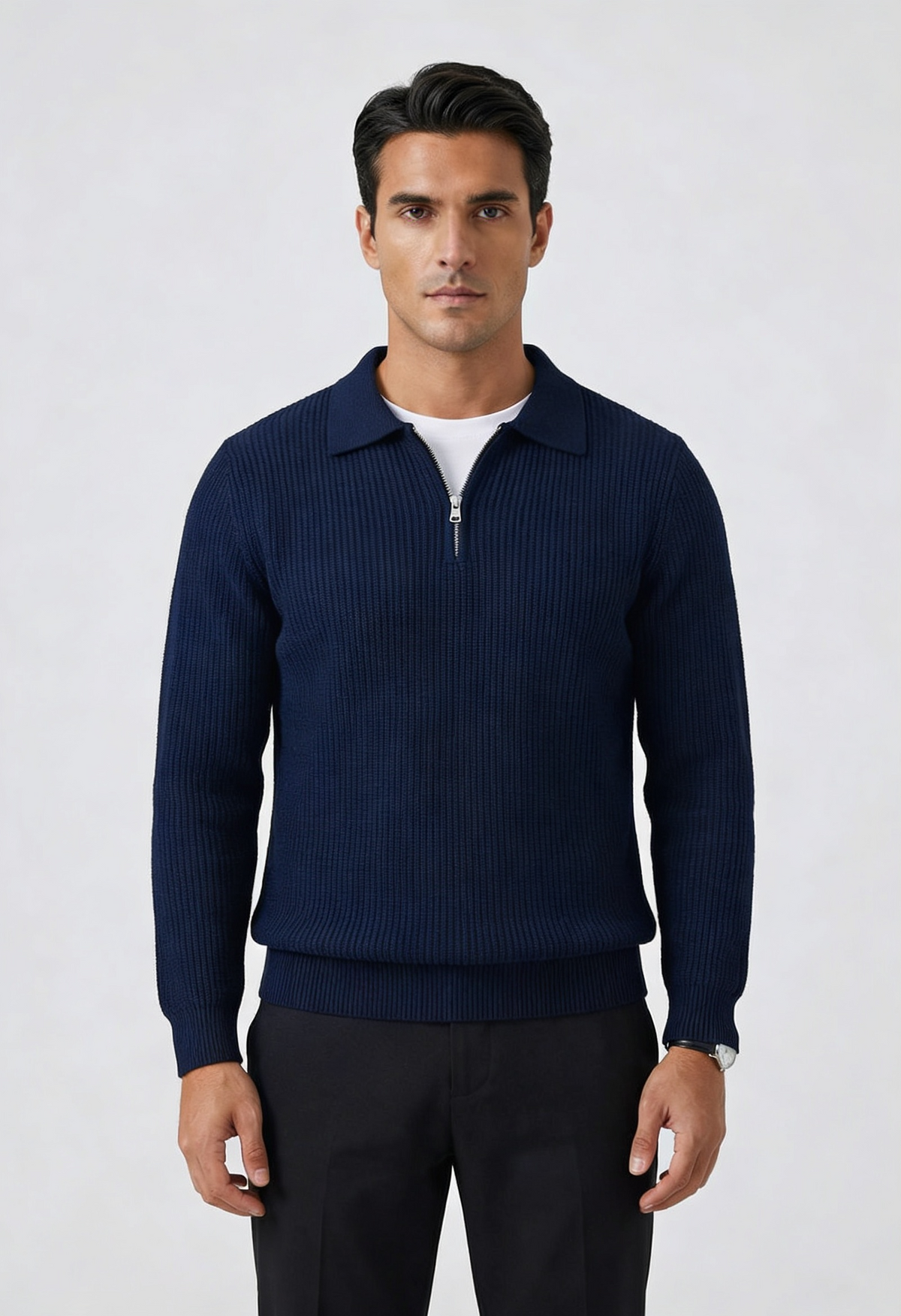 Sweter męski z suwakiem i kołnierzem, elegancki na jesień i zimę - półgolf ze stójką - Granatowy