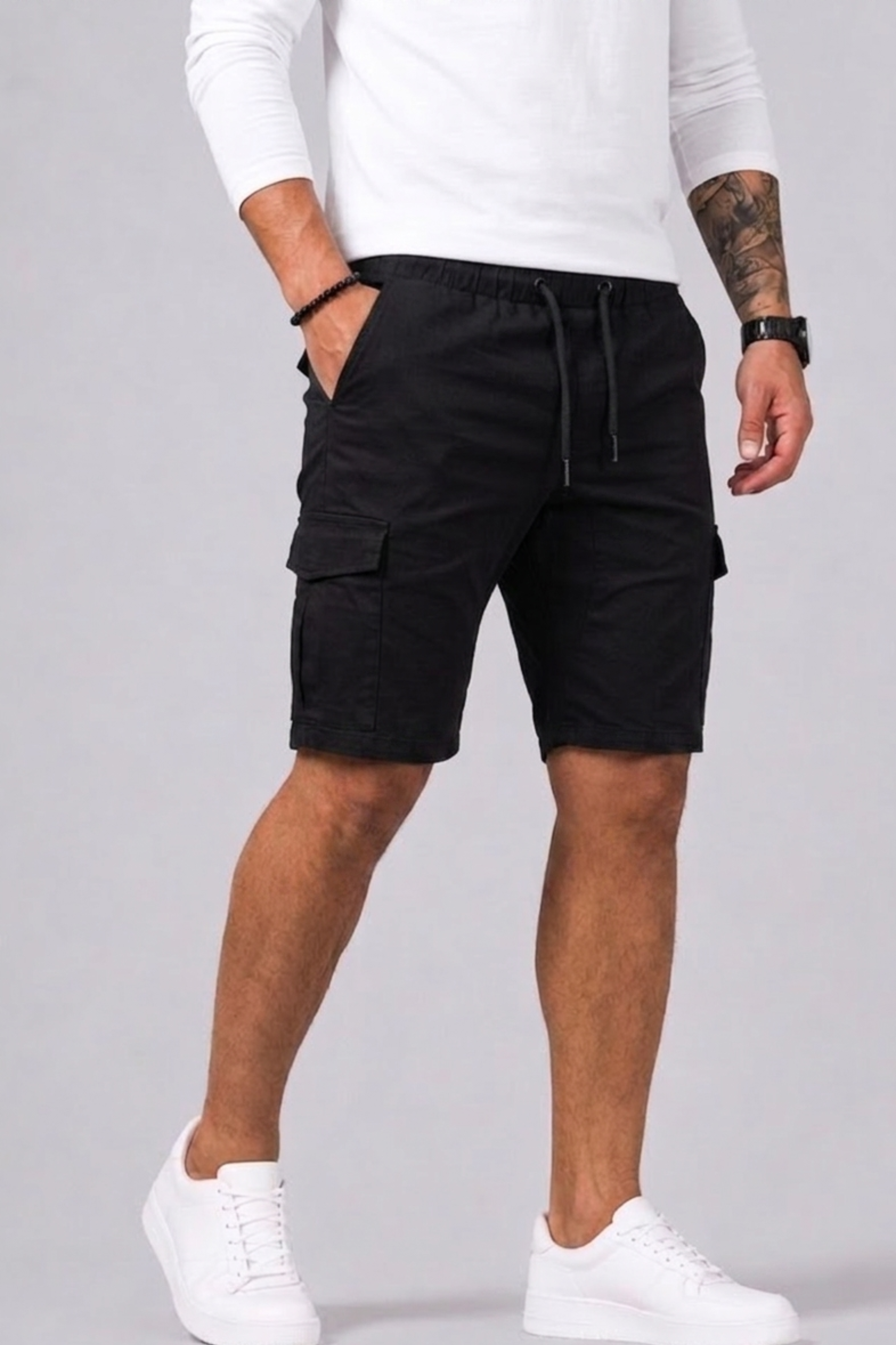 Szorty cargo męskie z kieszeniami i prostym krojem, na lato i na wakacje - spodenki cargo - Czarny