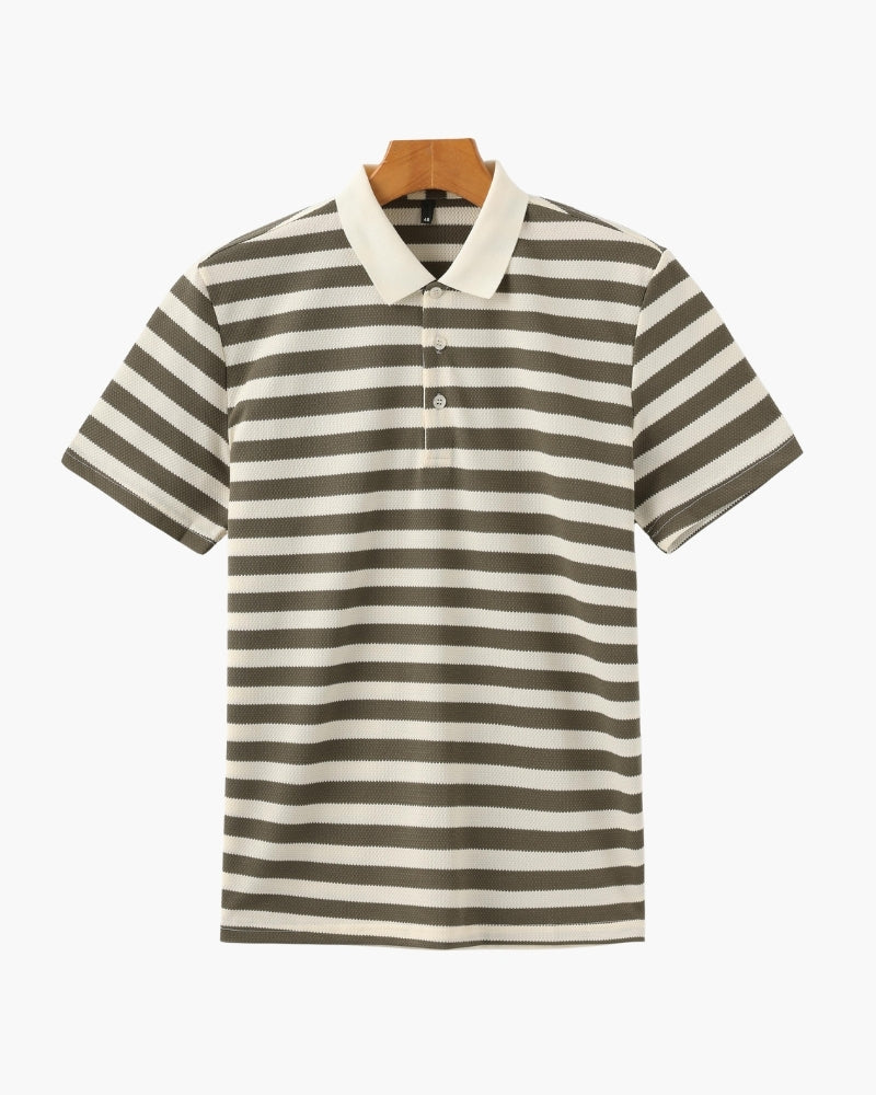 Koszulka polo z prążkowanej dzianiny z paskami w stylu retro i kontrastowym kołnierzykiem