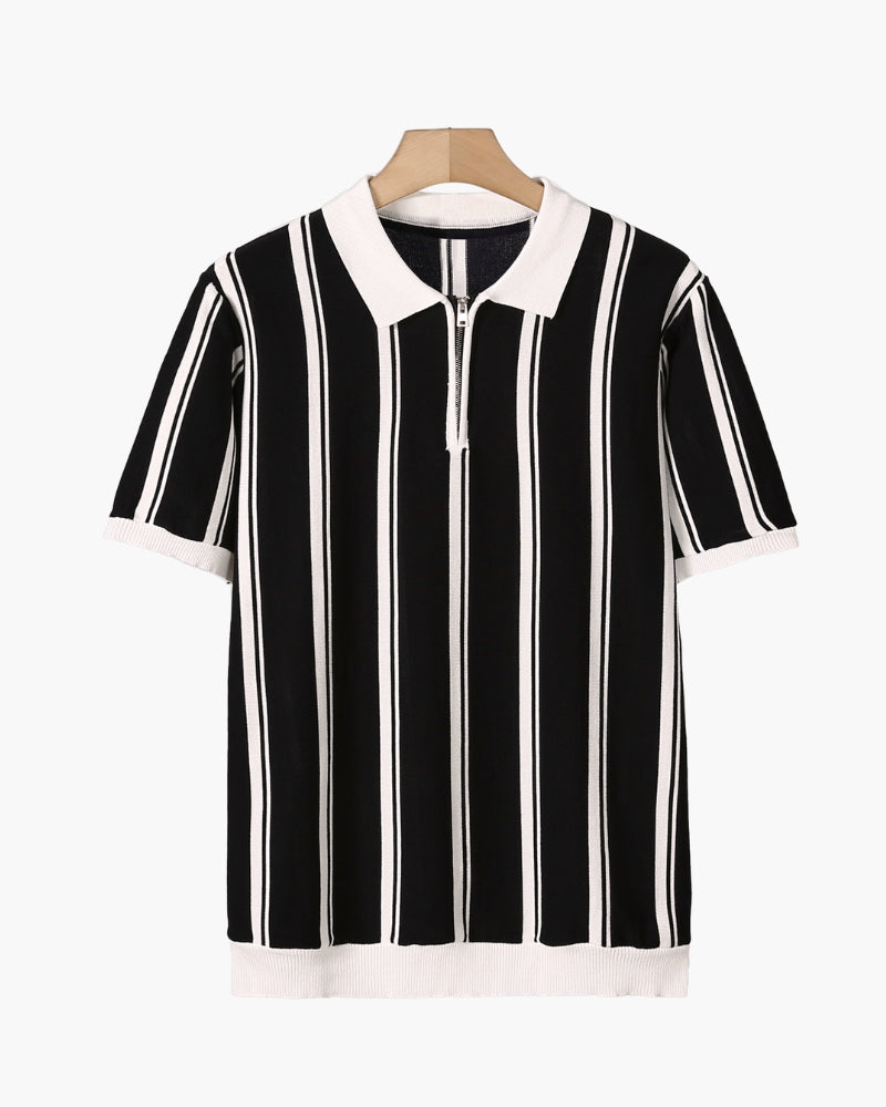 Koszulka polo z dzianiny z suwakiem do połowy i paskami retro