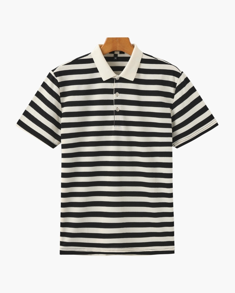 Koszulka polo z prążkowanej dzianiny z paskami w stylu retro i kontrastowym kołnierzykiem