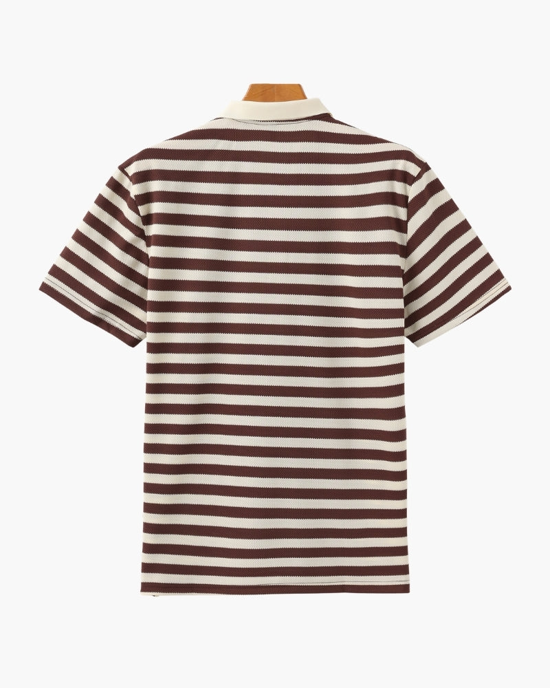 Koszulka polo z prążkowanej dzianiny z paskami w stylu retro i kontrastowym kołnierzykiem