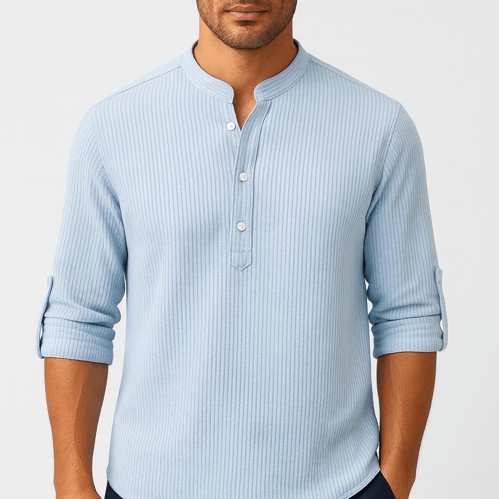 Koszula lniana przewiewna ze stójką i podwiniętymi rękawami – koszula letnia