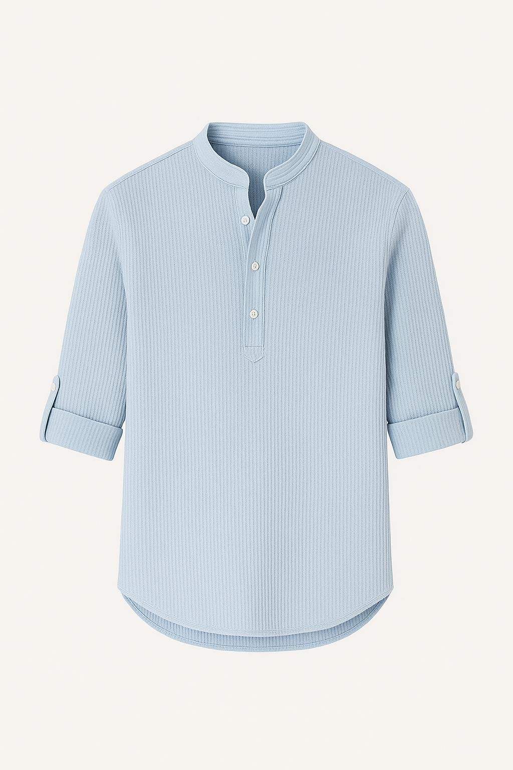 Koszula lniana przewiewna ze stójką i podwiniętymi rękawami – koszula letnia