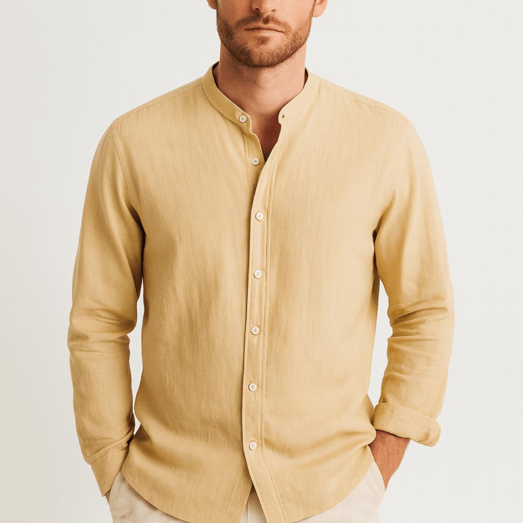 Koszula męska na lato, lniana, zapinana na guziki, o luźnym kroju