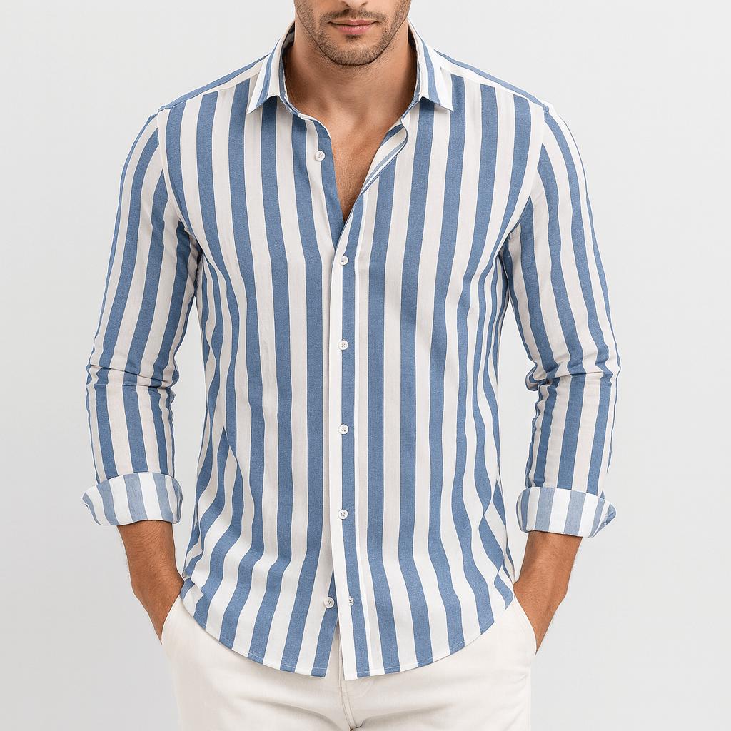 Koszula męska w paski zapinana na guziki z długim rękawem - materiał oddychający