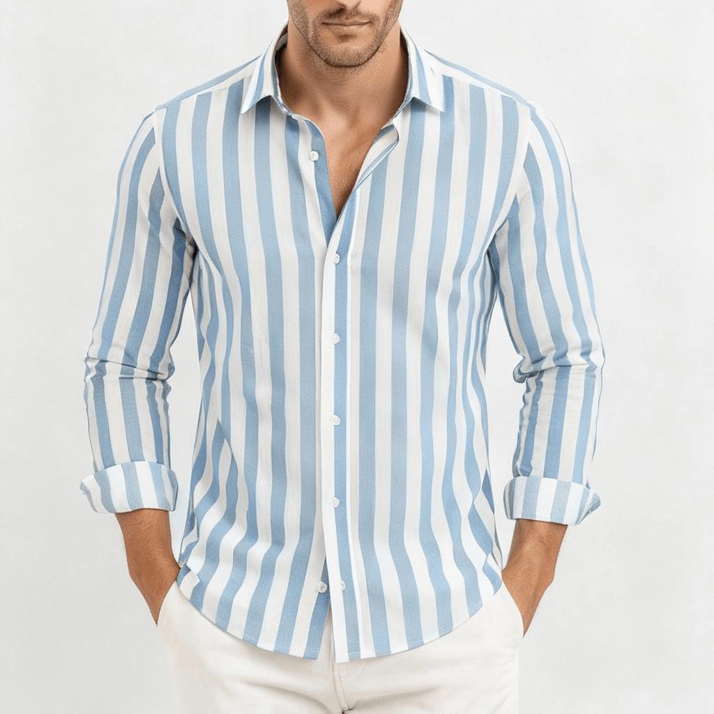 Koszula męska w paski zapinana na guziki z długim rękawem - materiał oddychający