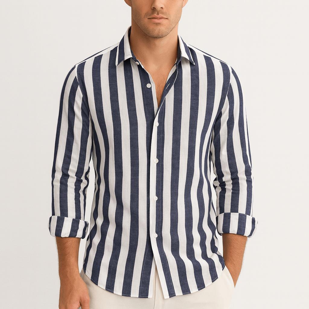 Koszula męska w paski zapinana na guziki z długim rękawem - materiał oddychający