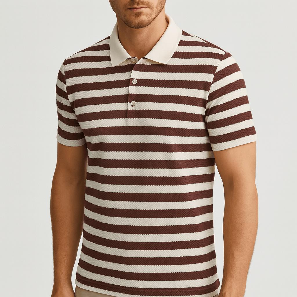 Koszulka polo z prążkowanej dzianiny z paskami w stylu retro i kontrastowym kołnierzykiem