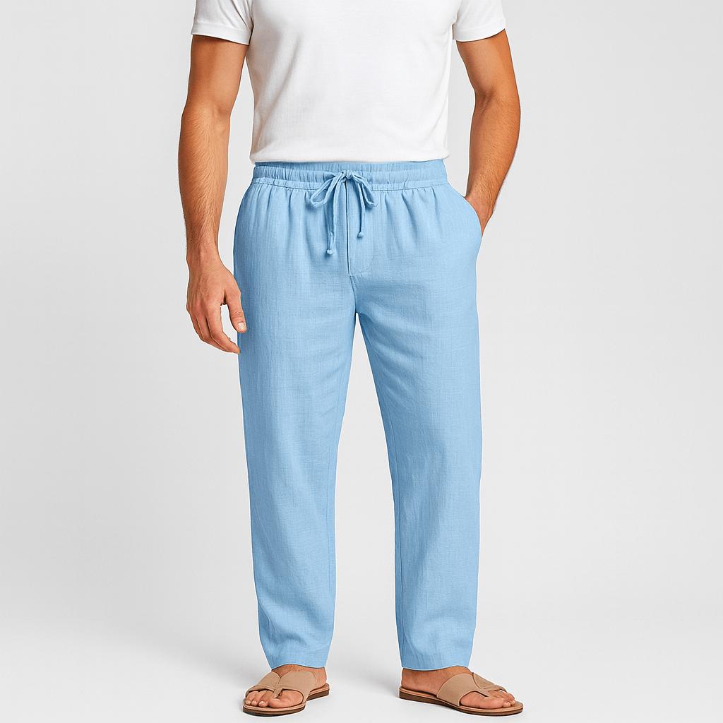 Luźne spodnie męskie z bawełny i lnu ze ściągaczem – oddychające i wygodne