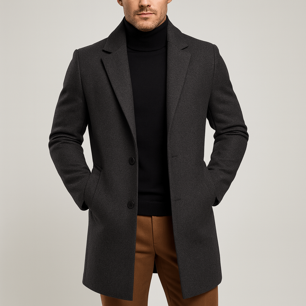 Noirski | Elegancki płaszcz z kołnierzem stojącym, regulowany pasek, praktyczne kieszenie