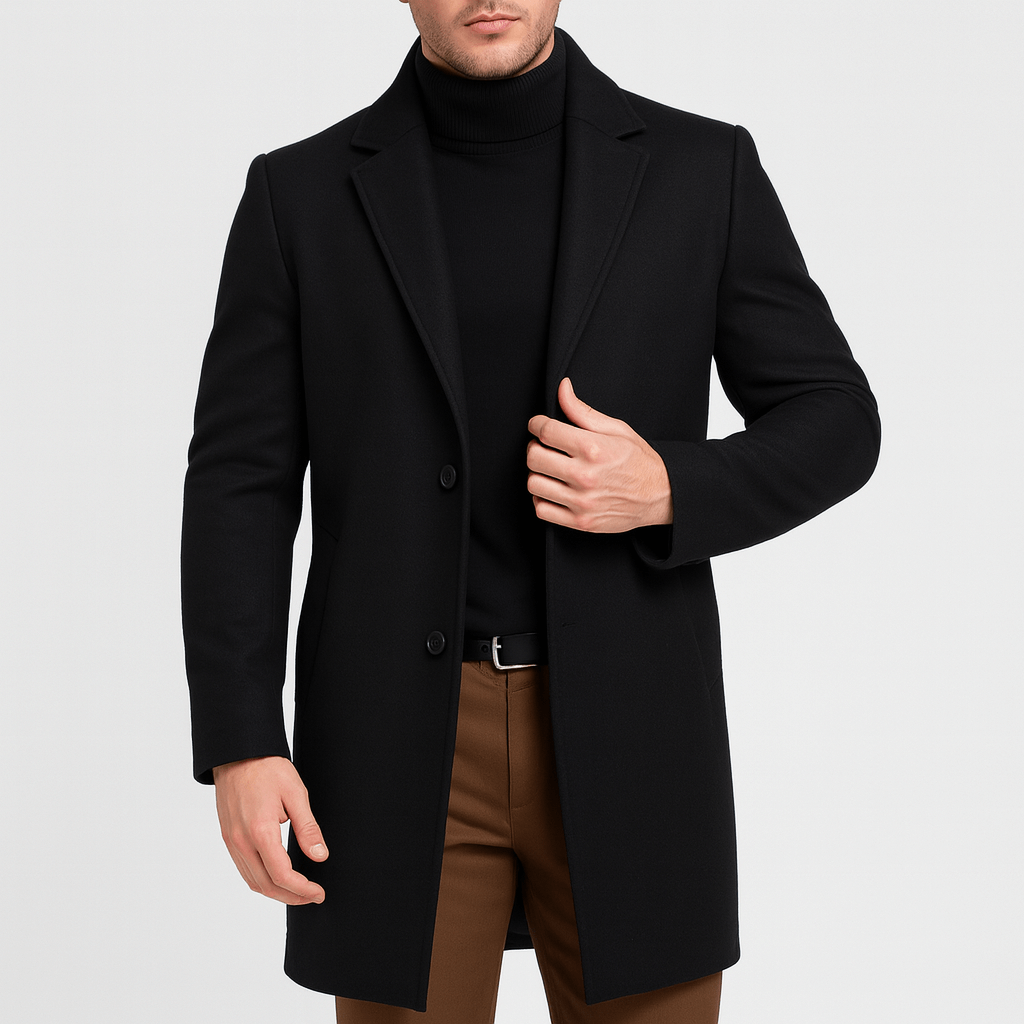 Noirski | Elegancki płaszcz z kołnierzem stojącym, regulowany pasek, praktyczne kieszenie