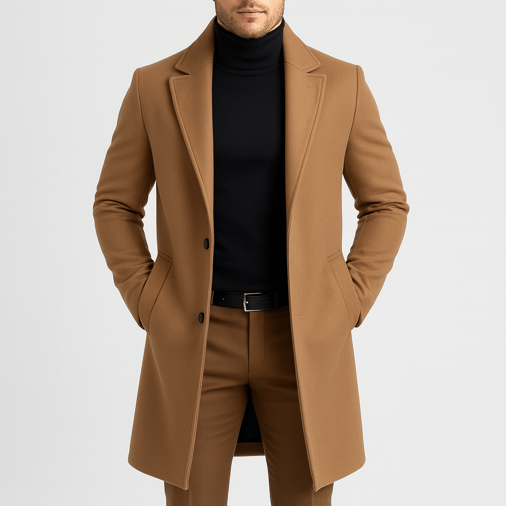 Noirski | Elegancki płaszcz z kołnierzem stojącym, regulowany pasek, praktyczne kieszenie