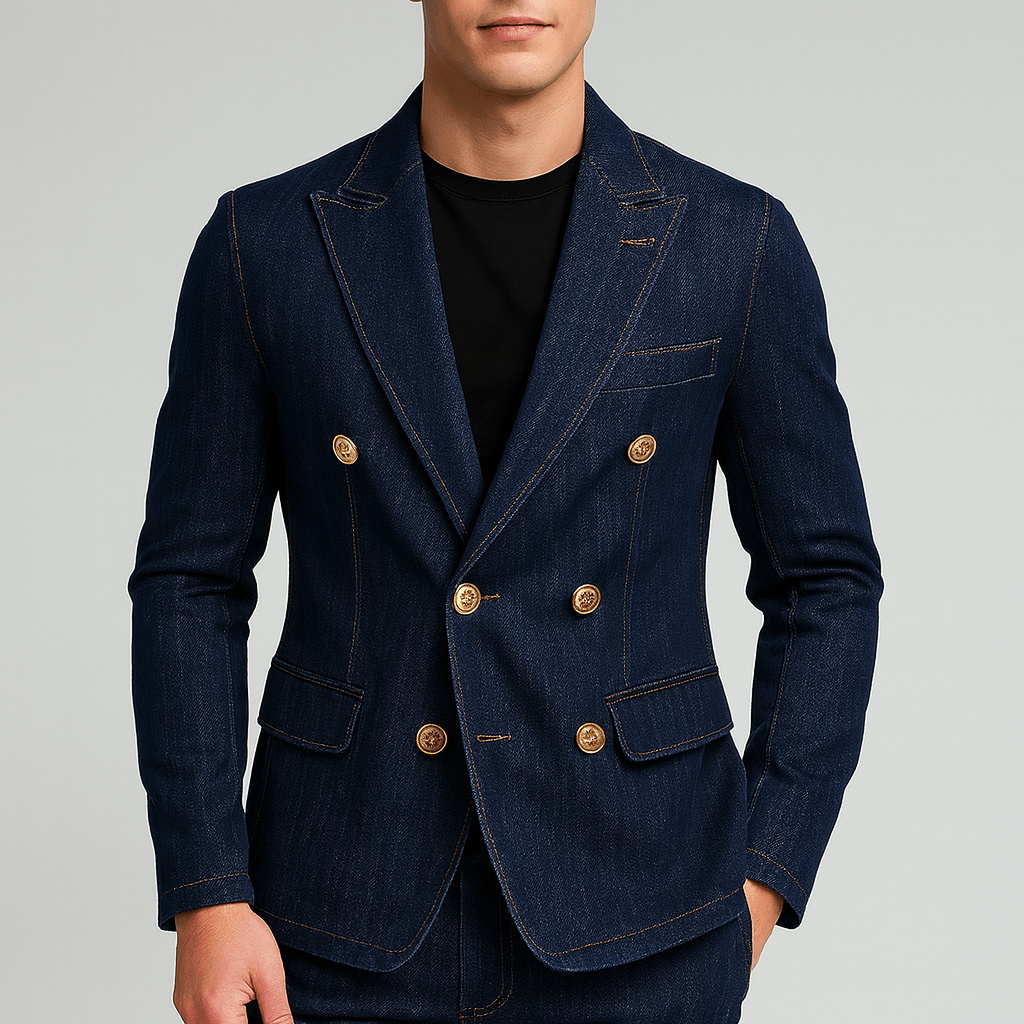 Noirski | Granatowa dwurzędowa marynarka dżinsowa