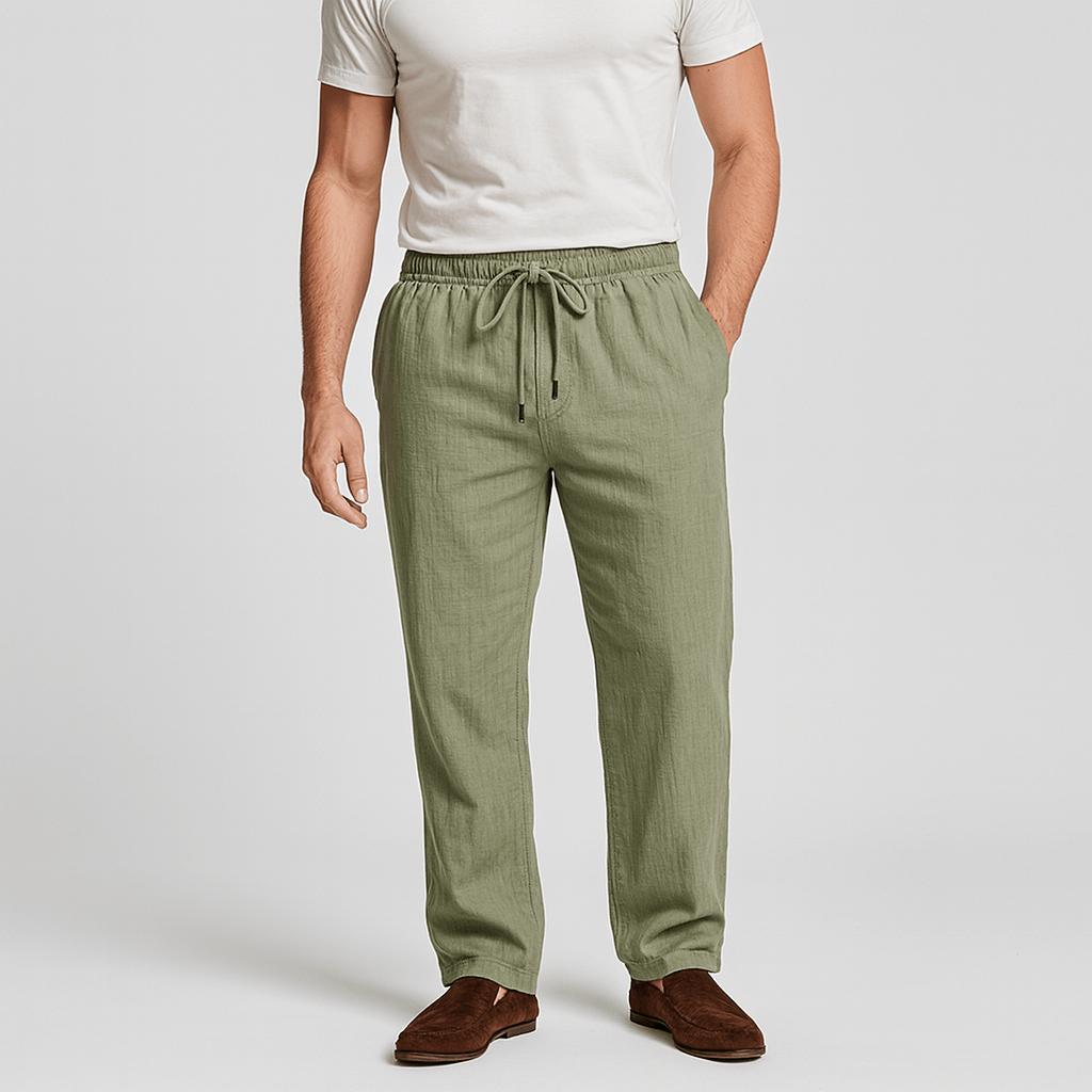 Spodnie lniane o luźnym kroju z regulowanym ściągaczem i kieszeniami dla mężczyzn