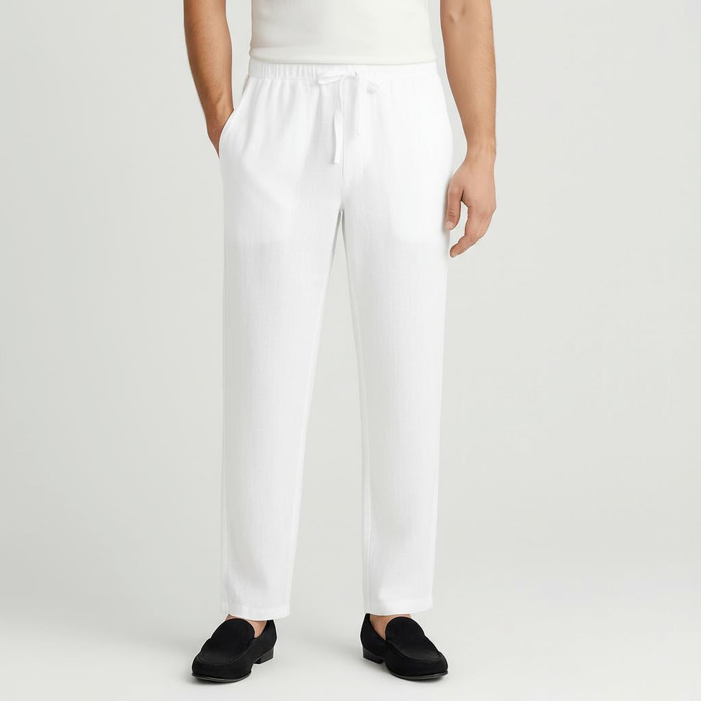 Spodnie z lnu o dopasowanym kroju i sznurkiem – lekkie, niezbędne dla mężczyzn