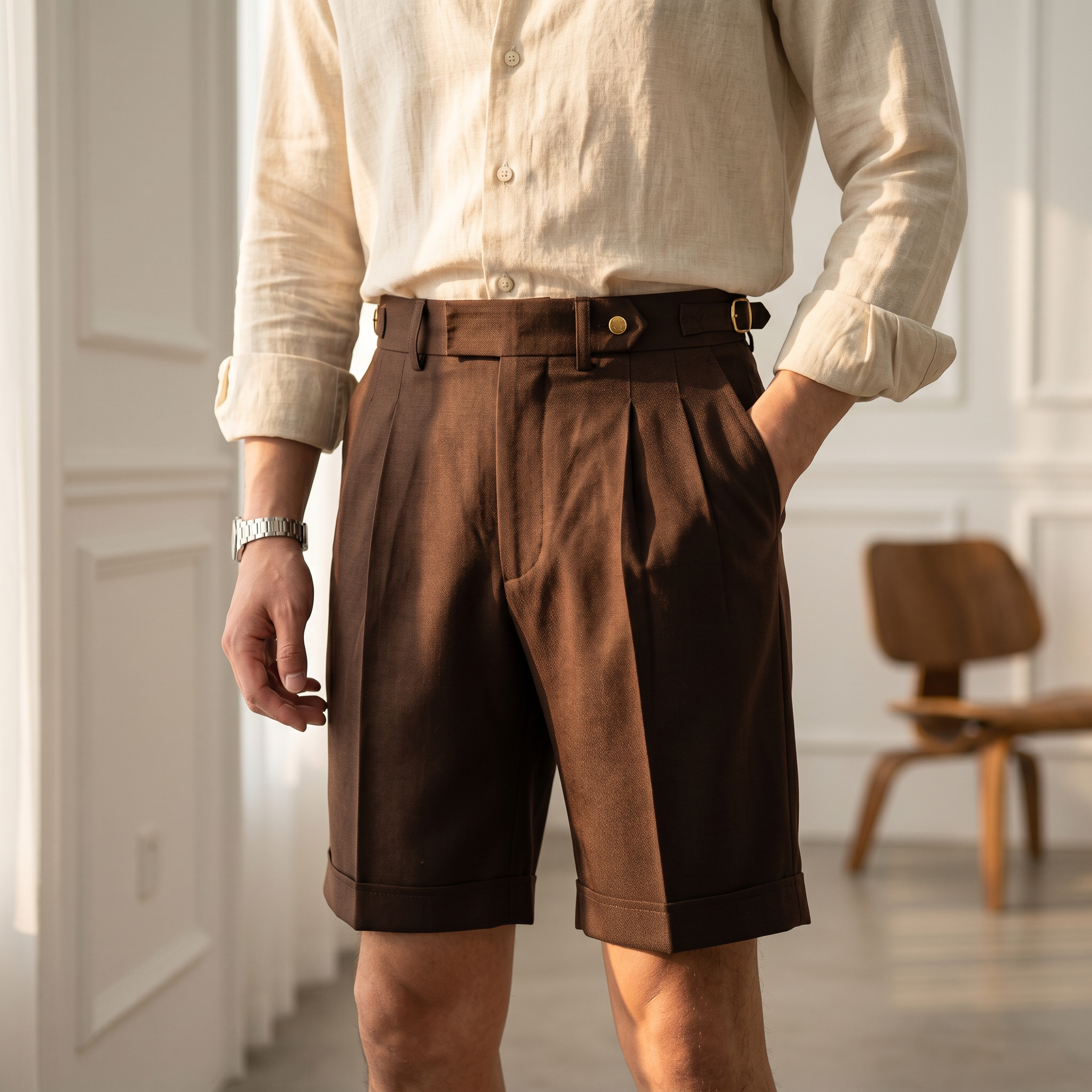 Bermudy męskie eleganckie z zakładkami i wysokim stanem, na lato - spodenki męskie za kolano - Brązowy