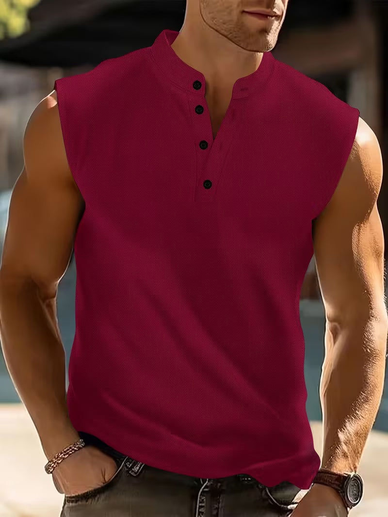 Bezrękawnik męski ze stójką i guzikami, na siłownię i na lato - tank top męski sportowy - Czerwony