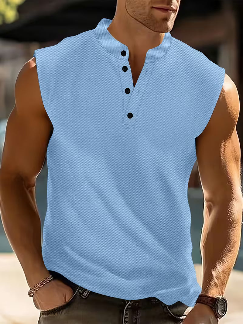 Bezrękawnik męski ze stójką i guzikami, na siłownię i na lato - tank top męski sportowy - Jasnoniebieski