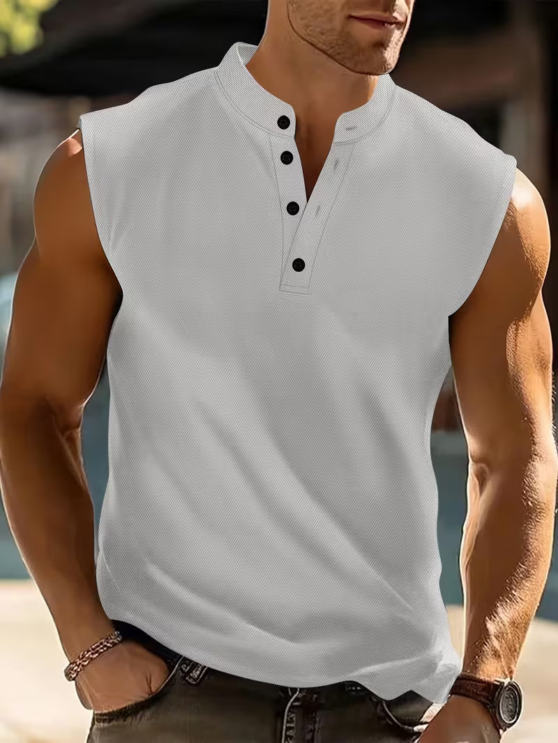 Bezrękawnik męski ze stójką i guzikami, na siłownię i na lato - tank top męski sportowy - Szary