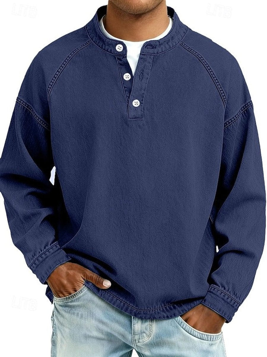 Bluza męska henley z długim rękawem raglanowym i spranym wykończeniem - Chabrowy